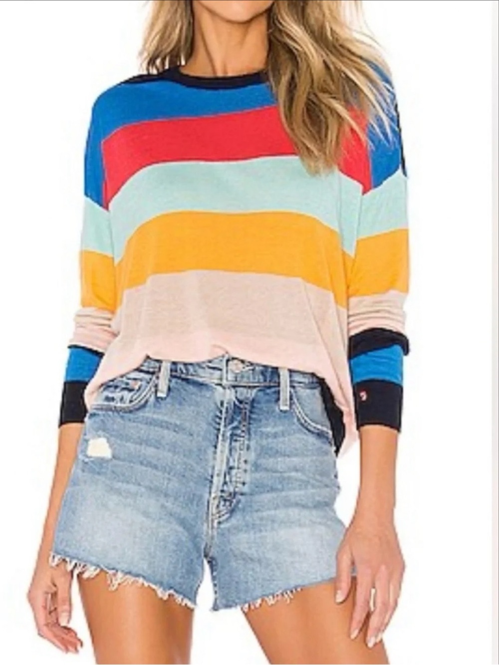 Splendid x Gray Malin Linen Sunray Linen Striped Long Sleeve Crew Sweater, M